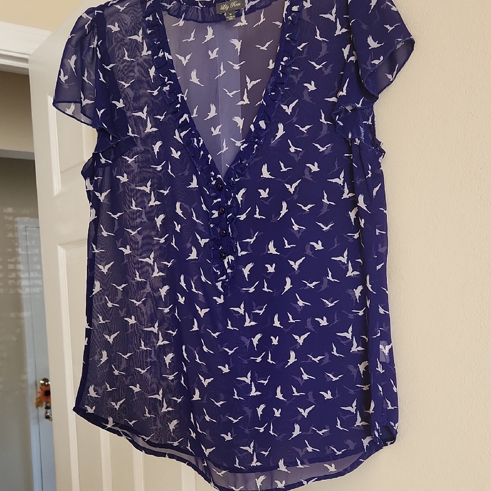 Lily Rose Purple Sheer Bird Print Blouse - Picture 8 of 9